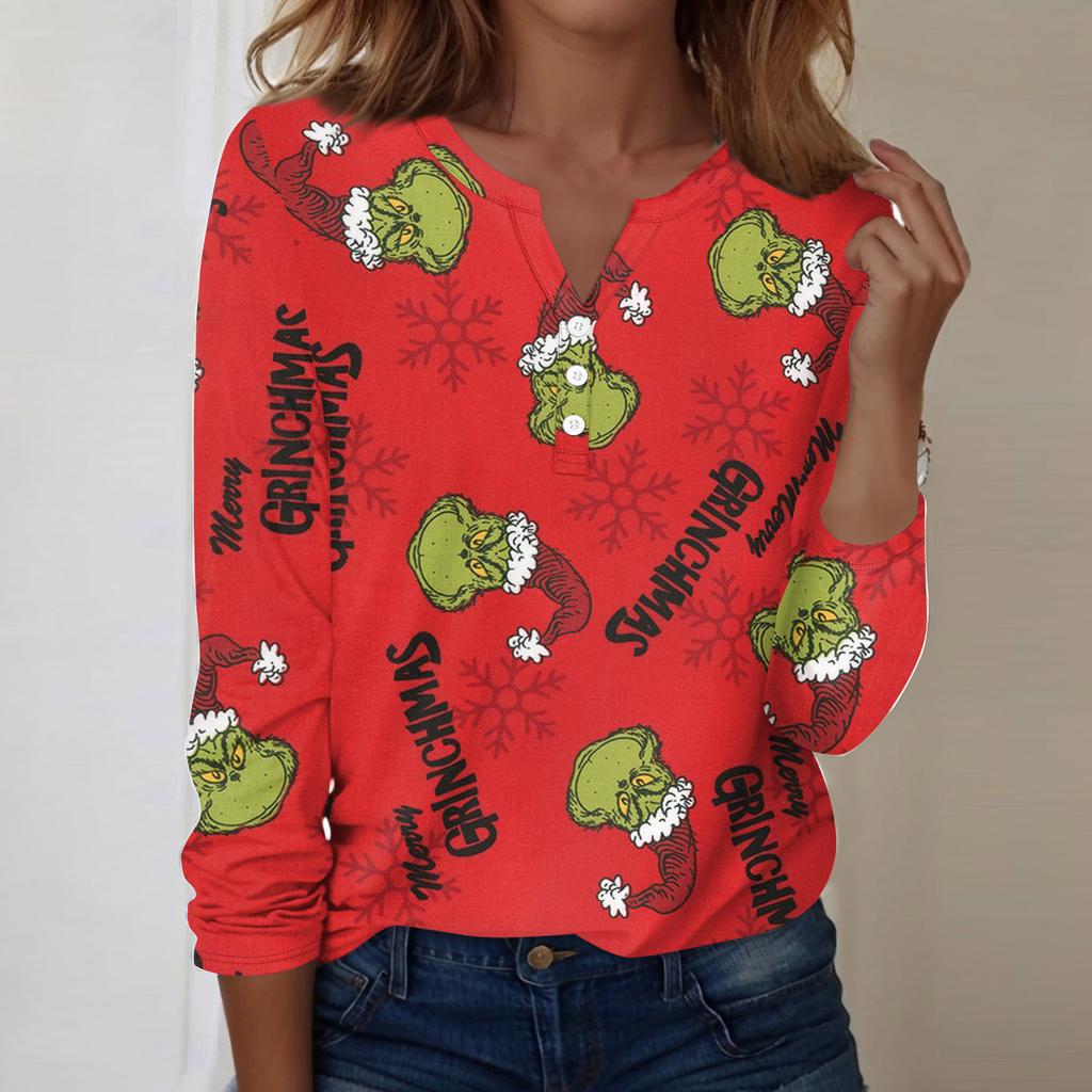 Women's Fashion Casual V-Neck Long Sleeve Decorative Button Christmas Print Top