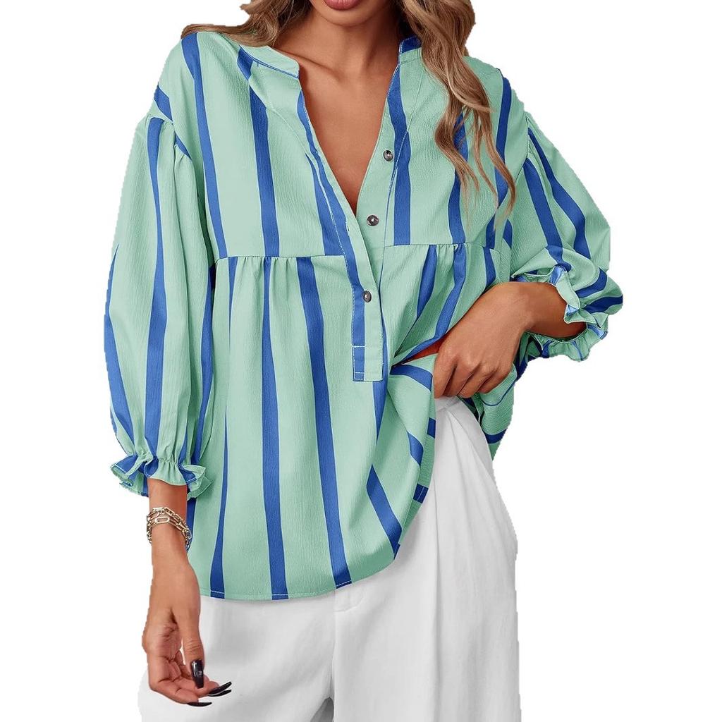 Amazon cross-border Europe, America and 2026 summer and autumn new women's clothing striped shirt bubble sleeves loose top popular women