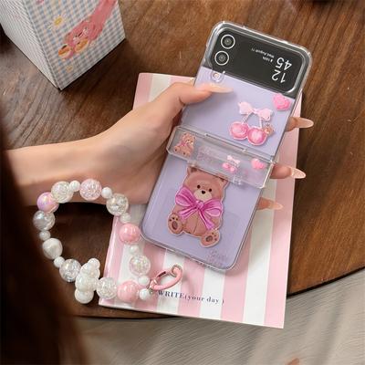 Чехол для Samsung Galaxy Z Flip 3 4 5 6 Z Flip5 ZFlip5 Мультяшный бант медведь браслет прозрачная противоударная задняя крышка