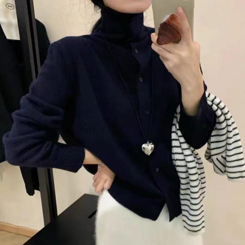 Women's High Neck Cashmere Cardigan - Autumn/Winter Korean Style, Solid Color, Warm & Versatile Wool Sweater