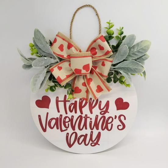 Знак на дверь ко Дню святого Валентина, деревянный знак на дверь с надписью «С Днем святого Валентина», подвесной декоративный знак на входную дверь с венком, бантом в виде сердечек для дома, стены, крыльца