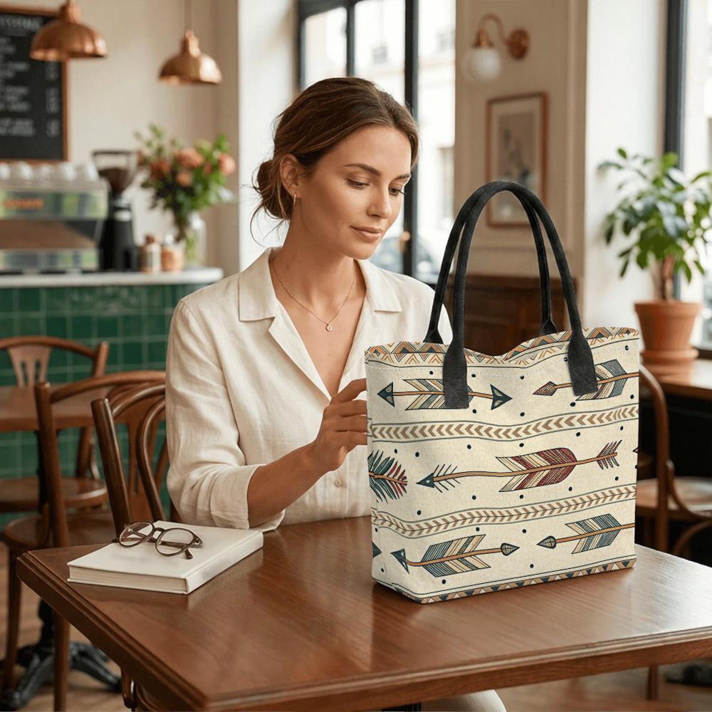 Boho Arrows Print Canvas Tote Bag Stylish Casual Large Capacity Shoulder Bag for Daily Use Shopping Travel