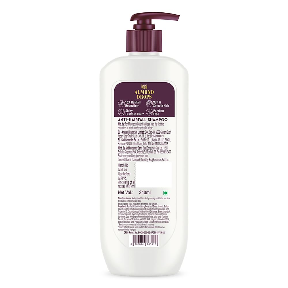 BAJAJ Шампунь против выпадения волос Almond Drops 340 мл с миндальным маслом, витамином Е для мягких блестящих волос, 10-кратное уменьшение выпадения волос