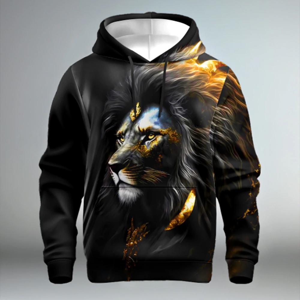 Модная мужская толстовка с капюшоном Animal Lion 3D-принт Круглый вырез Длинный рукав Худи Повседневная толстовка Оверсайз Мужская одежда