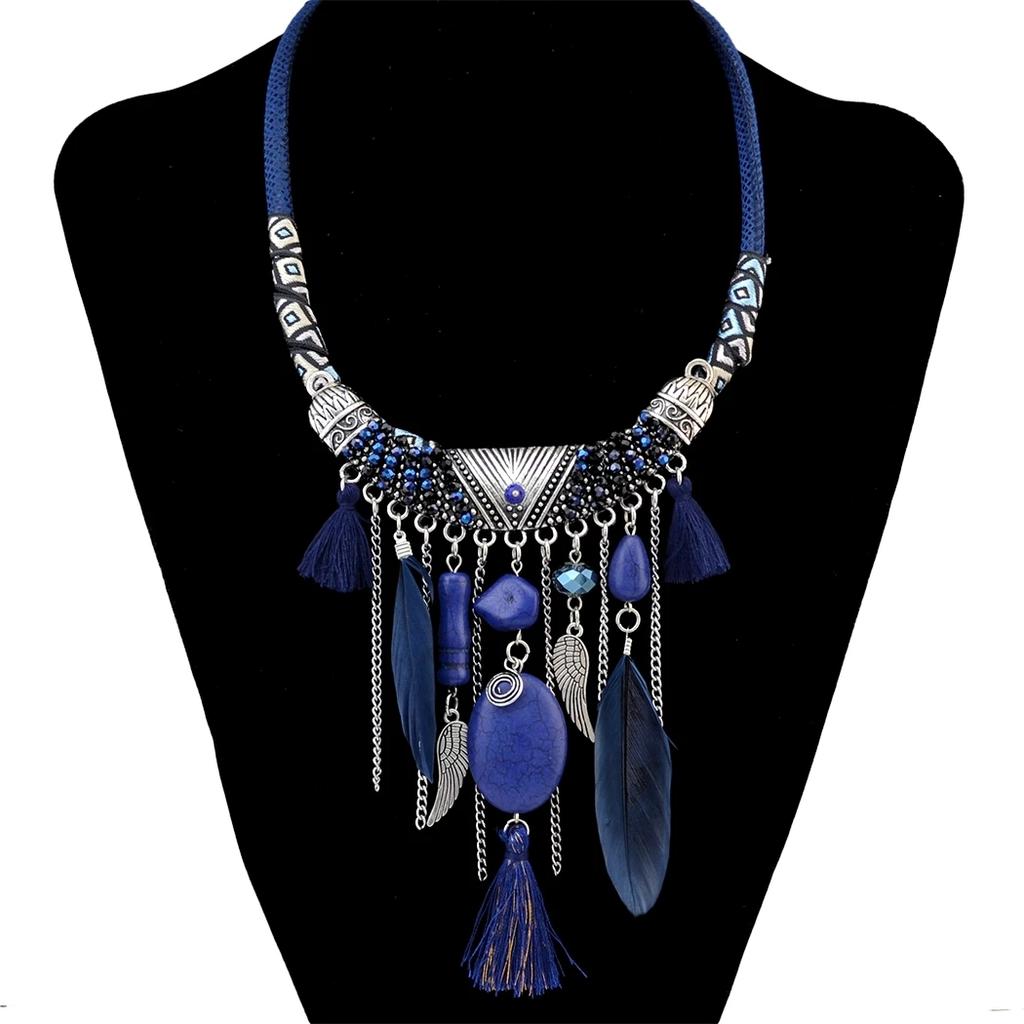 Ethnic Vintage Boho Tassel Necklaces for Women Feather Beads Necklace Bohemian Party Jewelry Gift AVE