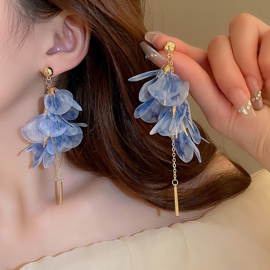 Sweet Pink Blue Flower Earrings for Women Yarn Mesh Long Tassel Earring Pendientes Y2K Jewelry Holiday Accessories