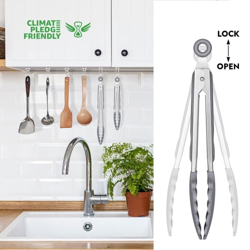 Hotec Tongs, Stainless Steel Kitchen Tongs with Silicone, for BBQs and Grills, Heat-Resistant, Antibacterial, Lockable Storage, Set of 2 (Gray), 23cm