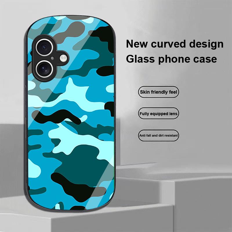 Камуфляжный синий Для Apple IPhone 16 11 13 15 14 Pro Max 12 Mini 7 8 Plus XR X XS Эллиптическая форма Закаленное стекло Чехол для телефона