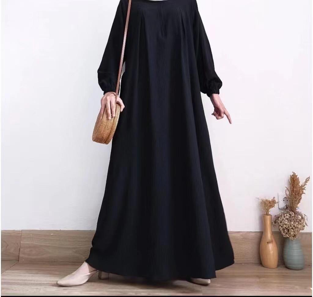 2024 Middle East Muslim Women's Puff Sleeve Dress with Zipper Placket and Elastic Cuffs