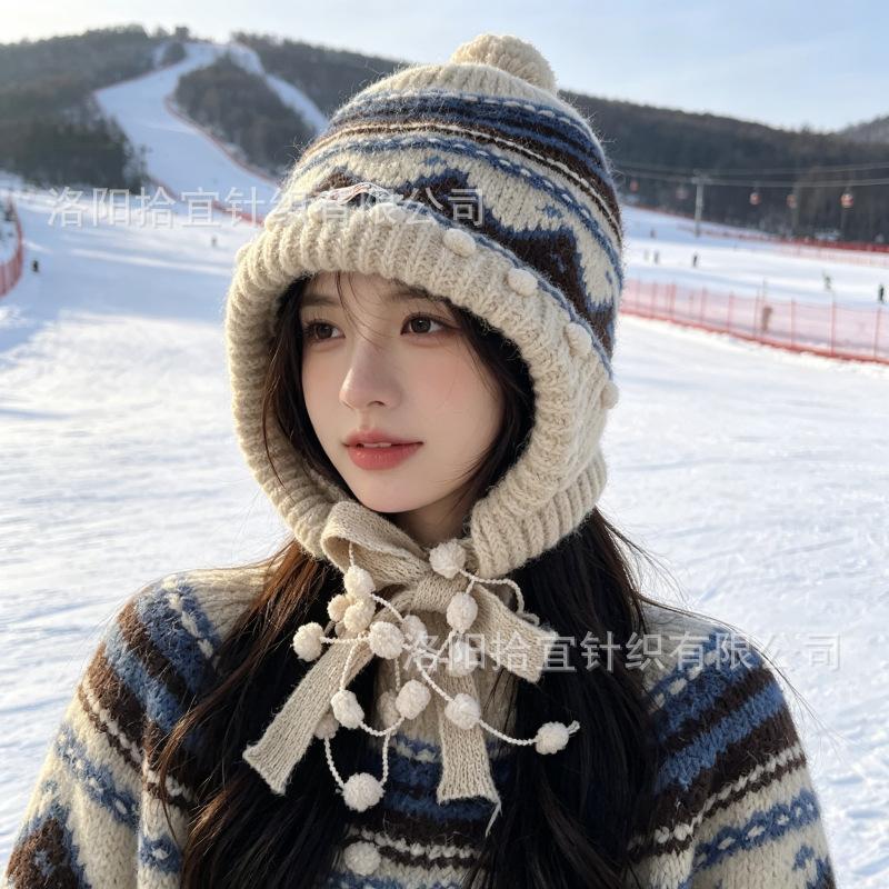 Fair Island knitted headgear female winter face small ear protection warm Lei Feng hat retro ethnic wind windproof wool hat