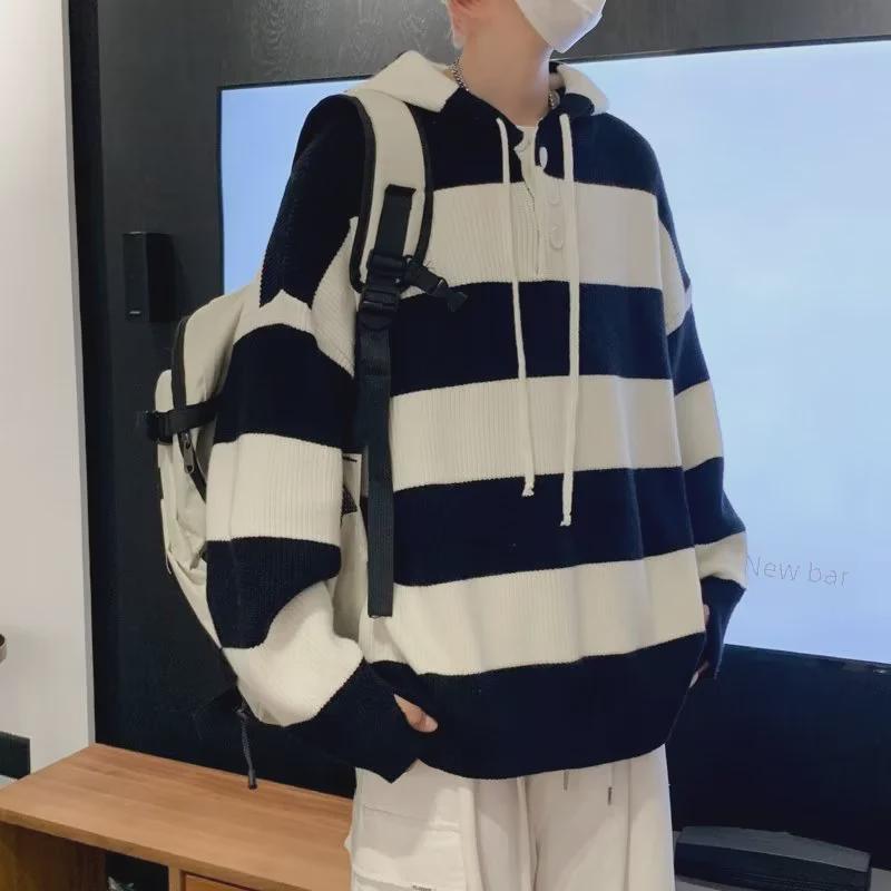 Полосатый свитер с капюшоном 2023 года для мужчин и женщин — свободный, ленивый вязаный топ для осени и зимы