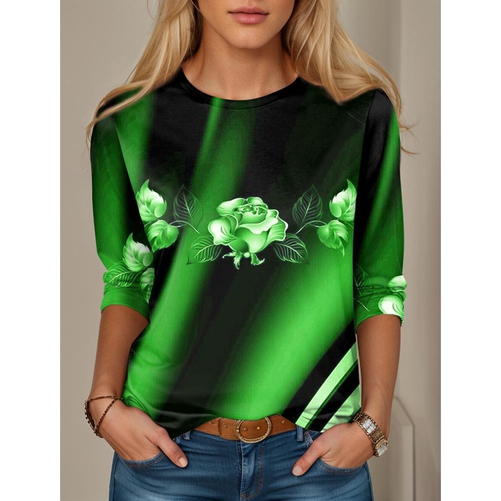 Модные топы с цветочным красным, синим и фиолетовым принтом, с длинным рукавом, для праздничных выходных, с круглым вырезом, обычного кроя, весенняя женская футболка