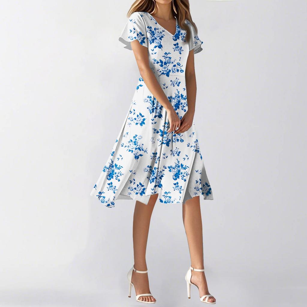 Women's Summer Casual Fashion Flower Print Dress V Neck Short Sleeve Short Skirt