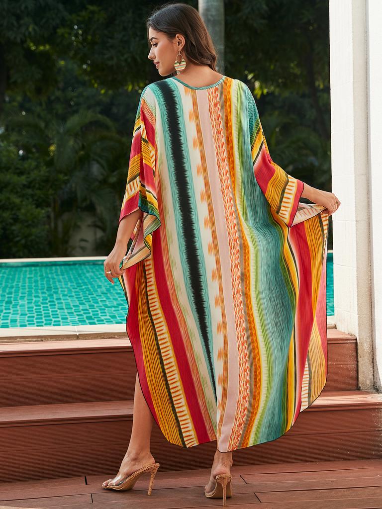 Beach Cover Up Geometric Printed Kaftans for Women Viscose Handmade Waved Maxi Dresses Summer Holiday Bathing Suits