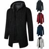 Men's Medium Long Coat Hooded Plush Plaid Knitting Drawstring Coat Sweater  Warm Solid Color Jackets Tops