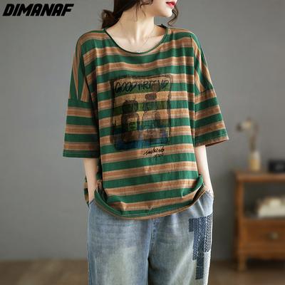 2024 Новая летняя женская блузка больших размеров, футболка, повседневные топы, футболки с принтом, свободная хлопковая рубашка в винтажную полоску