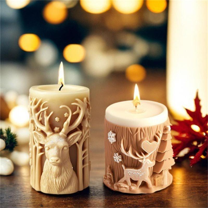 3D Christmas Tree Elk Relief Cylinder Candle Silicone Mold Merry Christmas Letter Snowflake Cylinder Candle Molds Christmas Gift
