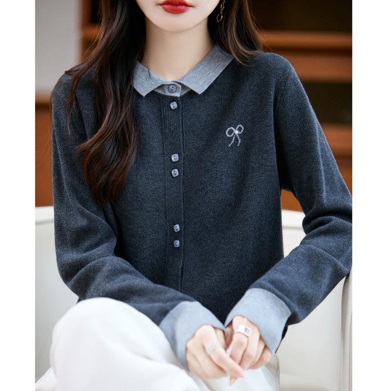 Осенний новый свитер из шерсти с воротником поло и цветными блоками, женский облегающий простой шерстяной кардиган