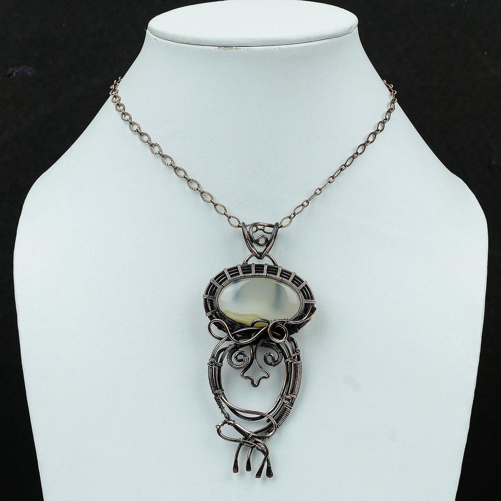 Подвеска из агата Ботсваны, подвеска из медной проволоки с драгоценным камнем, ювелирное изделие ручной работы, подвеска в этническом стиле, подвеска с камнем по рождению, медные ювелирные изделия для подарка