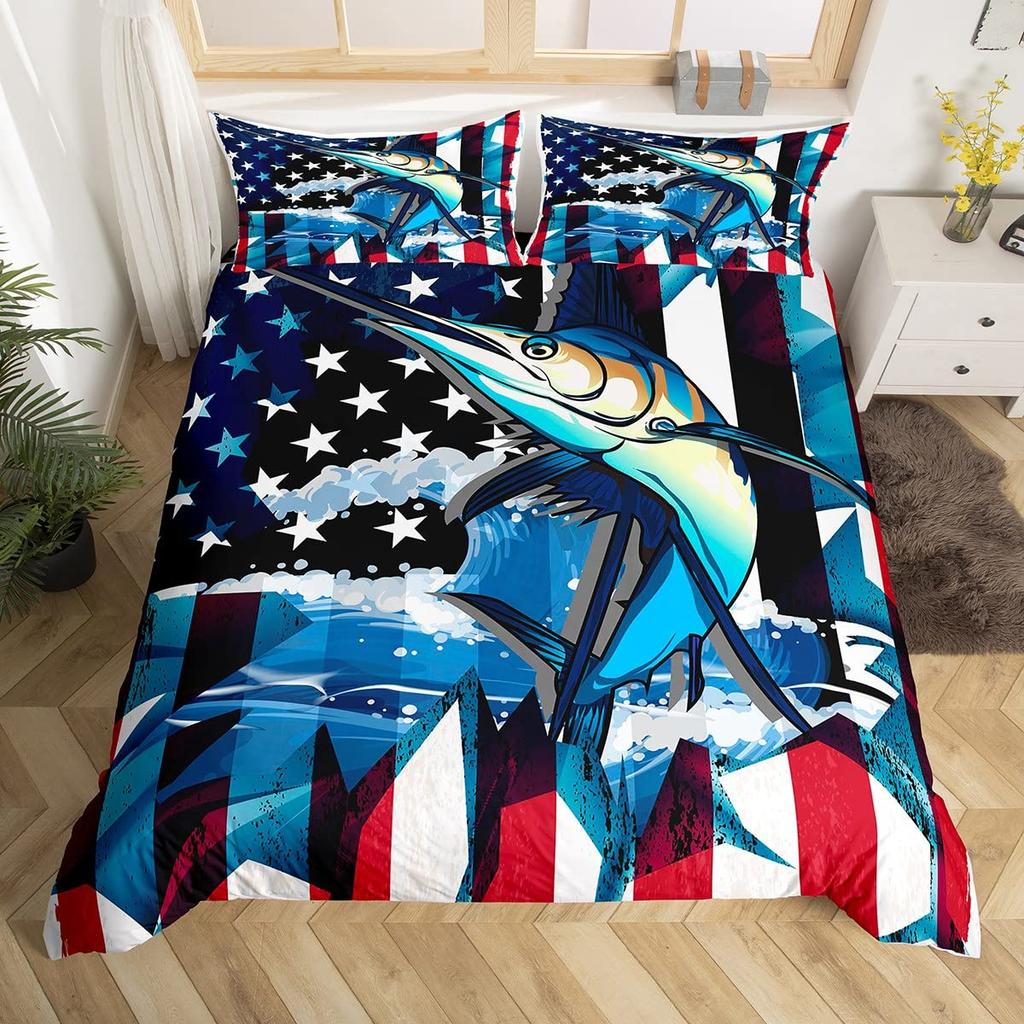 Marlin Swordfish Duvet Cover Set Hunting Fishing Bedding Set Tie Dye Sea Fishing Boat Marine Life Nautical Comforter Cover Queen