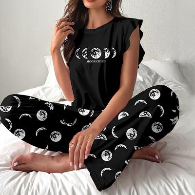 Летняя пижама женская с графическим принтом, комплект пижамы, топы с коротким рукавом и круглым вырезом, брюки с эластичным поясом, женская черная одежда для сна, домашняя одежда, пижама