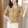 Новая летняя блузка в клетку с рукавом три четверти, женская модная тонкая свободная блузка M-4XL, новинка лета