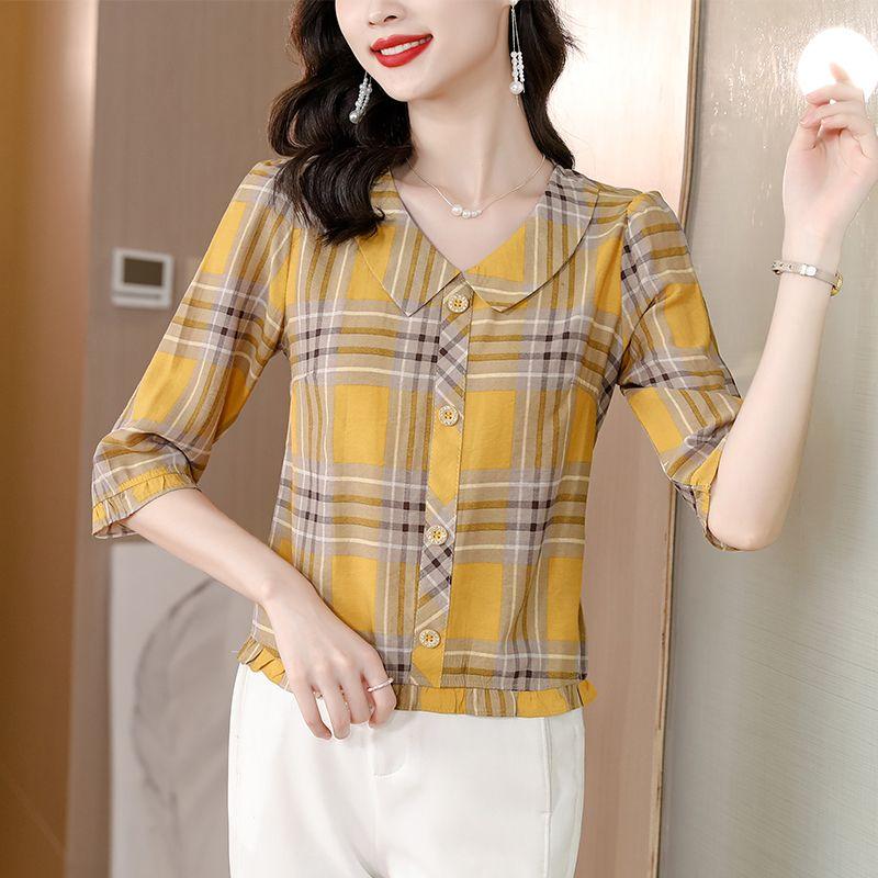 Новая летняя блузка в клетку с рукавом три четверти, женская модная тонкая свободная блузка M-4XL, новинка лета