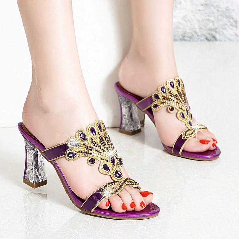 Summer New Fashion Women's High-heeled Slippers Open-toe Sandals Personalized Soft Sole Diamond Crystal Thick Heel Shoes