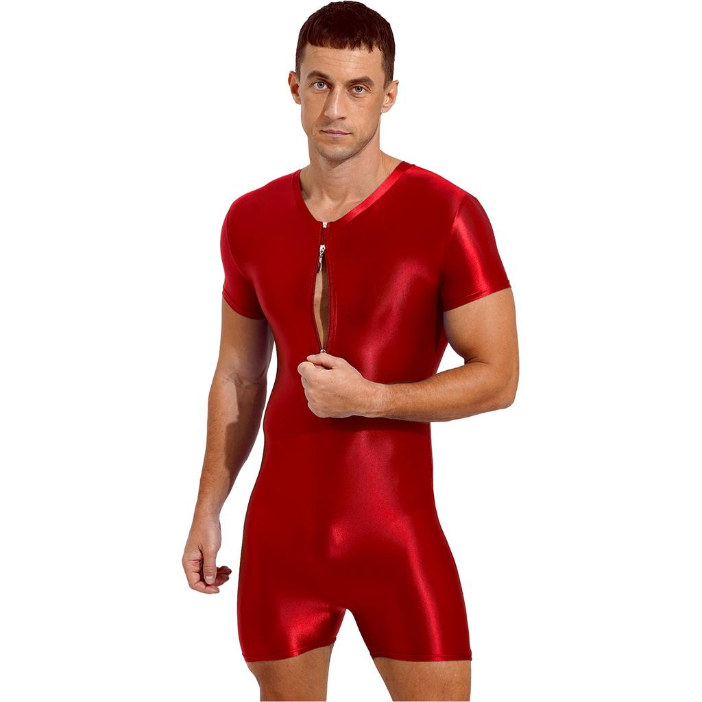 Mens Short Sleeve Zipper Jumpsuit One-Piece Round Neck Bodysuit Swimwear for Swimming Bodybuilding Workout