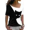 Women's Short Sleeved T-shirt Diagonal V-neck Cat Pattern Digital Printed T-shirt