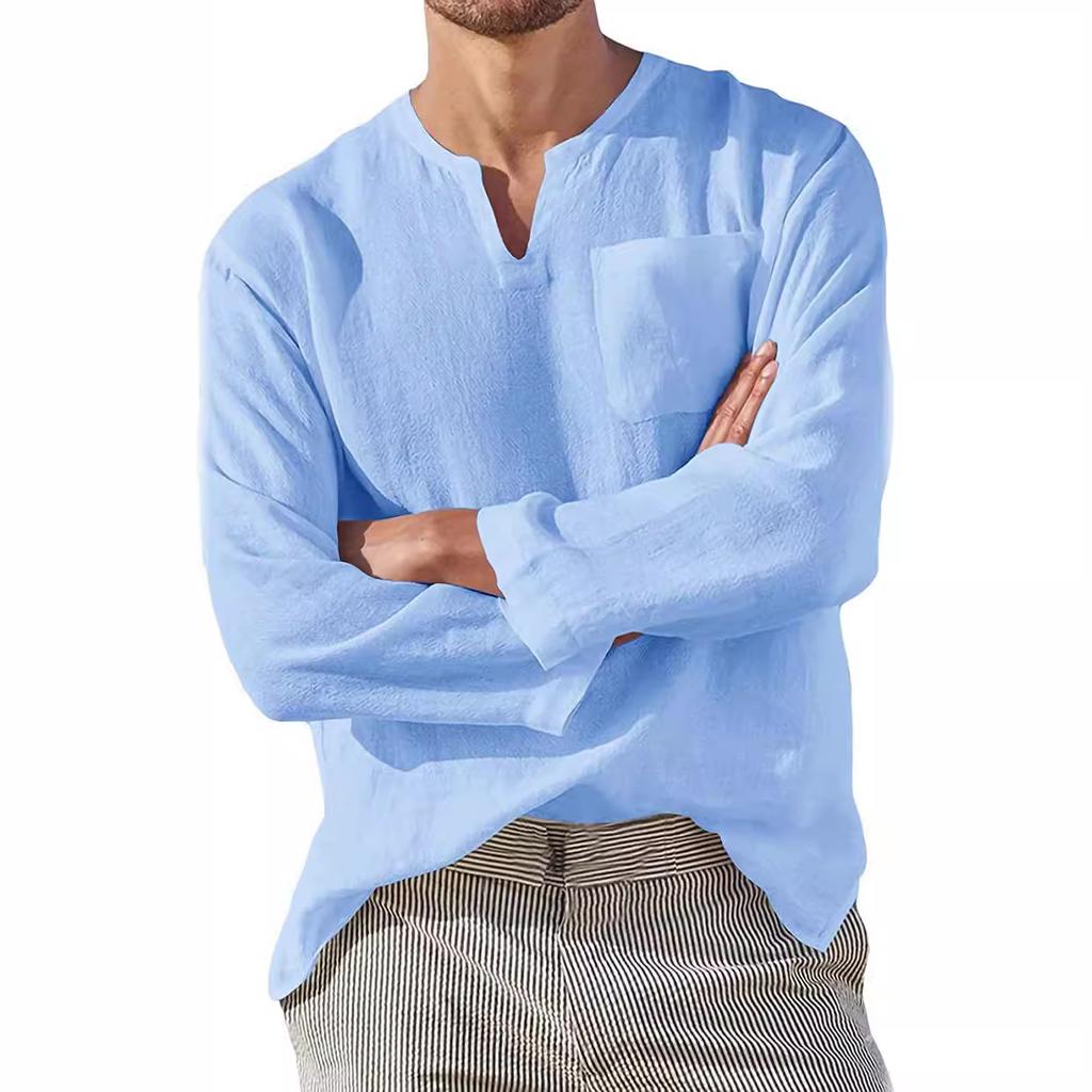 Модная мужская повседневная пляжная льняная рубашка с длинным рукавом и V-образным вырезом, мужские топы