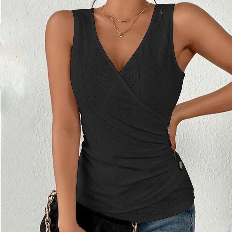 Sleeveless Summer Neck V Women Pullover Solid Color Hollow Out Breathable Button Pleated Vest Top