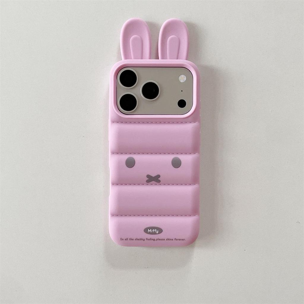 Чехол для iPhone 15/16/17 Pro Max с 3D-ушками кролика из пуха и пера, противоударный