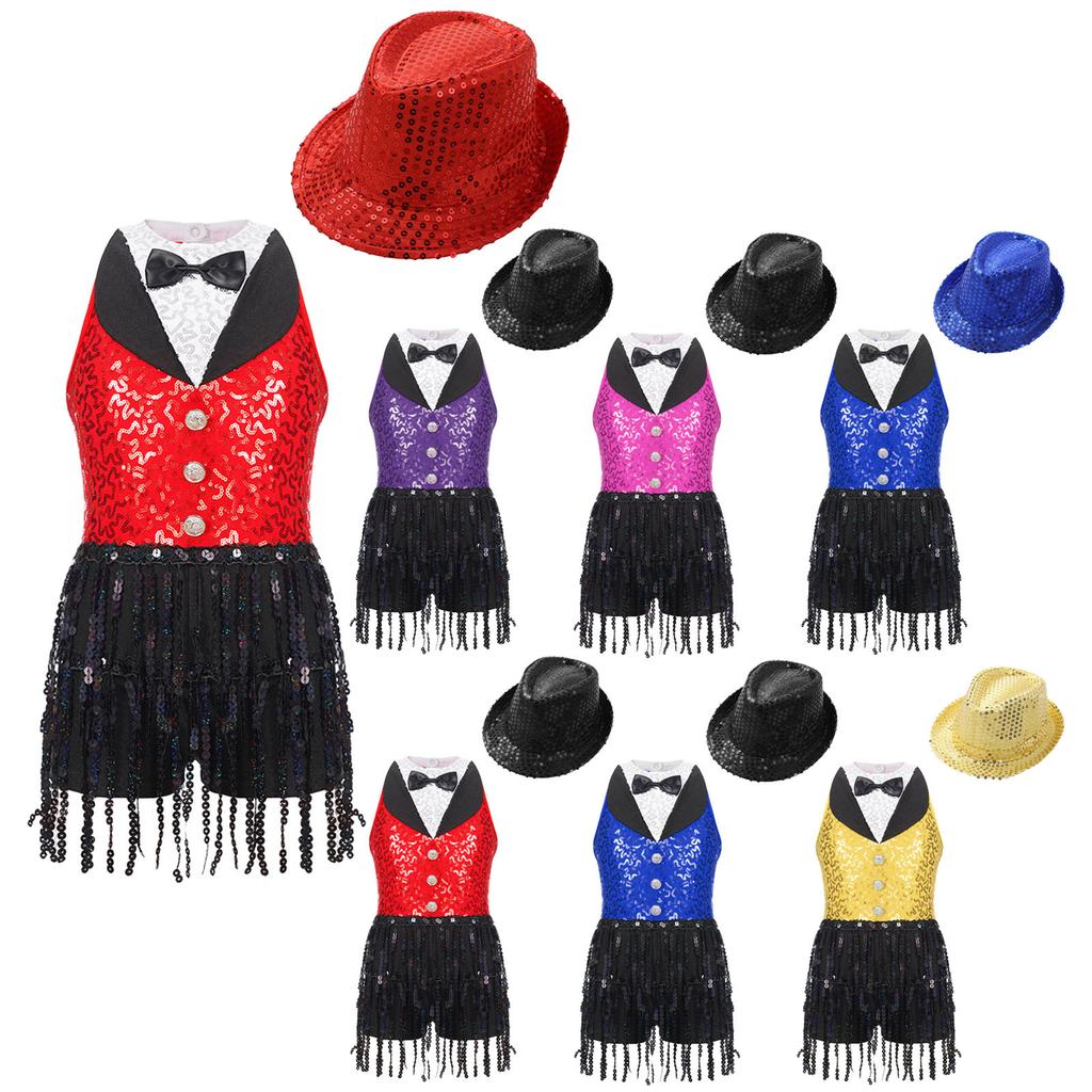 Girls Sleeveless Sequin Jumpsuit Keyhole Back Design Jazz Performance Competition Outfit Matching Hat