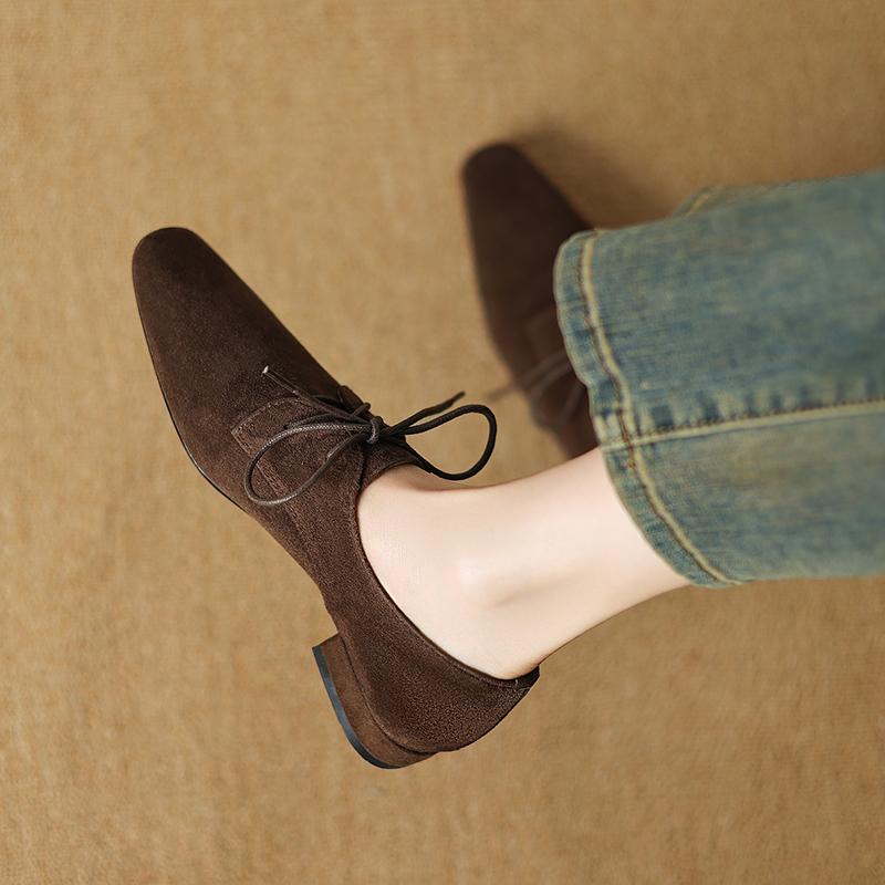 Fashion 2025 New Hot Sale Low Heel Lace Up Genuine Leather Sheep Suede Pumps Women Daily Walk Flats Young Girls Casual Autumn Shoes