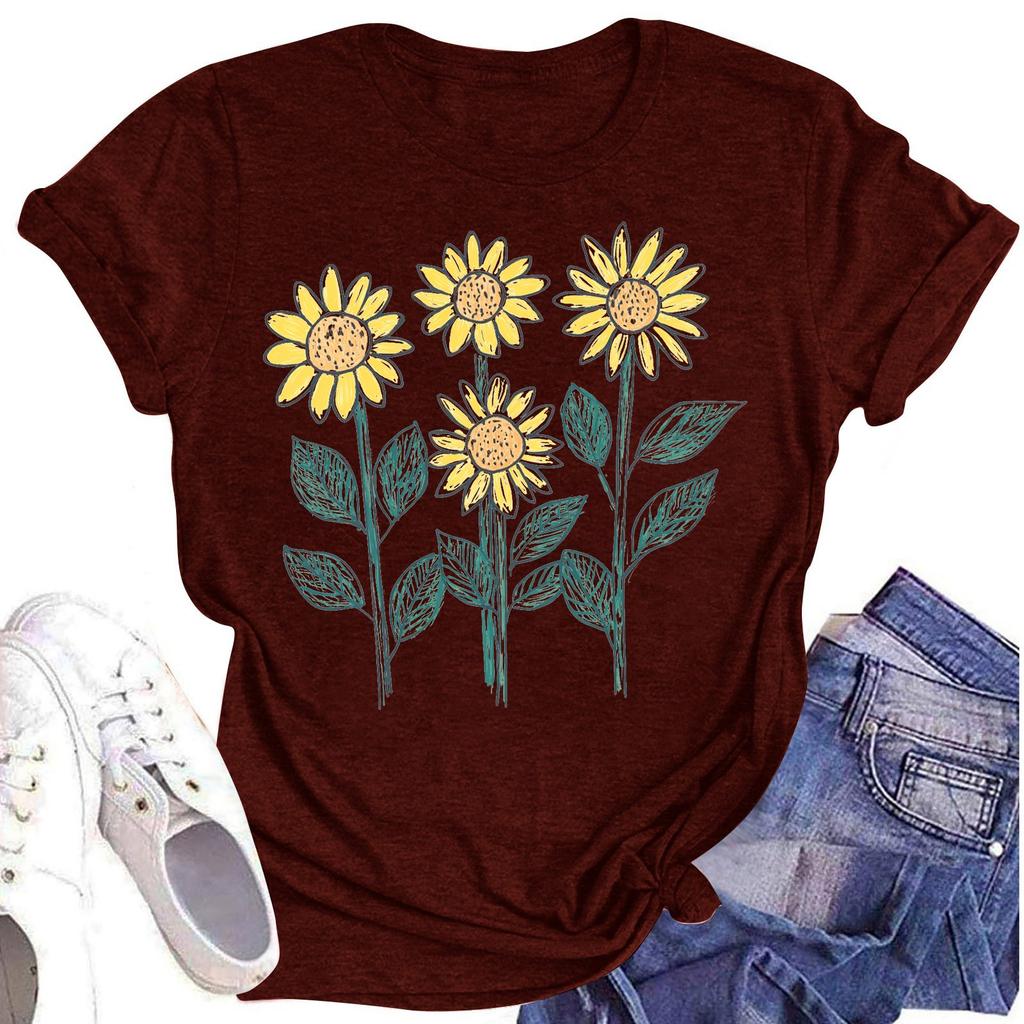 Женская повседневная футболка с круглым вырезом и цветочным принтом, короткий рукав