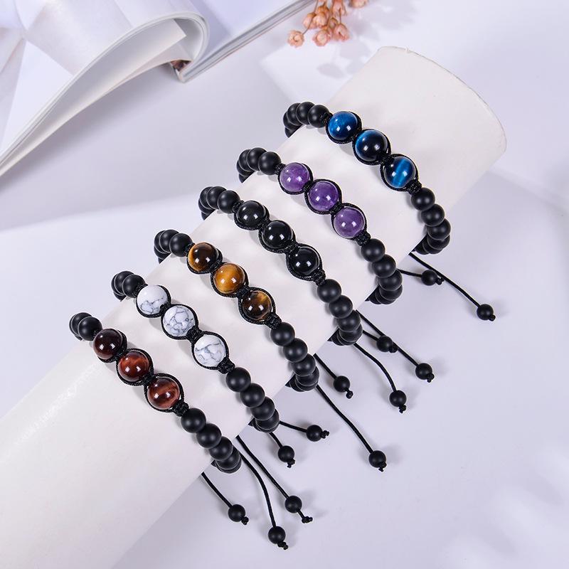 Браслет из матового черного камня ручной работы с тигровым глазом 12 мм для пар