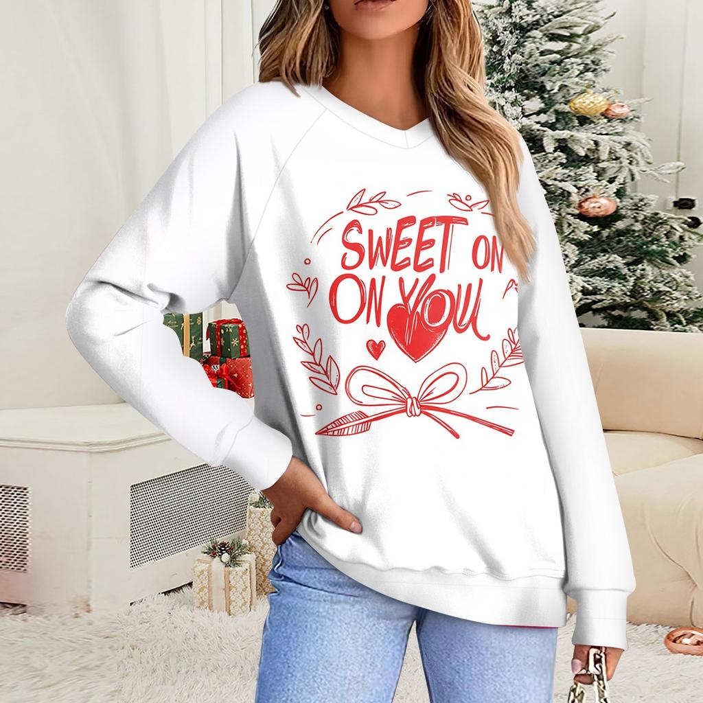 Женская повседневная мода комфорт с манжетой V-образным вырезом с принтом ко Дню святого Валентина пуловер с капюшоном