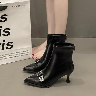 Зимние Новые Хлопковые Ботильоны на Тонком Каблуке Женские Остроносые Металлическая Пряжка Задняя Молния Противоскользящие Износостойкие Короткие Ботинки