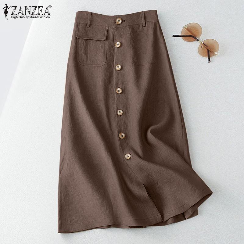 ZANZEA Женские винтажные свободные трапециевидные юбки с высокой талией, однотонные хлопковые юбки