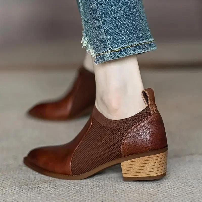Autumn New Soft Work Shoes,Women Mid Heels,Stretch,Pointed Toe,Slip On,Brown,Khaki,British Style,35-40