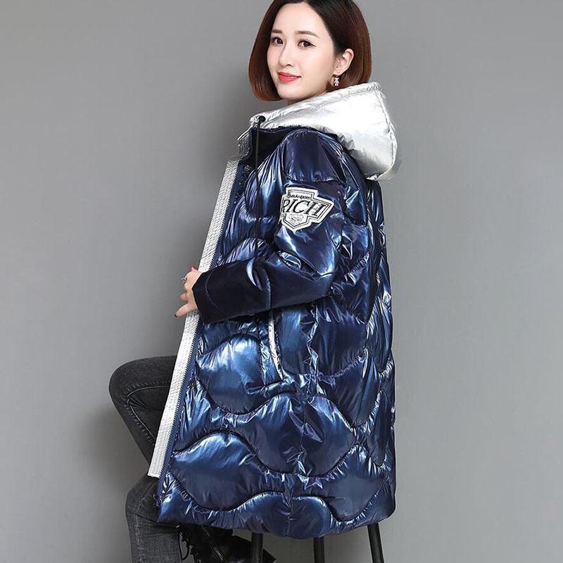 Женское зимнее корейское свободное стеганое пальто, теплая куртка-парка с воротником-стойкой, женская глянцевая куртка средней длины