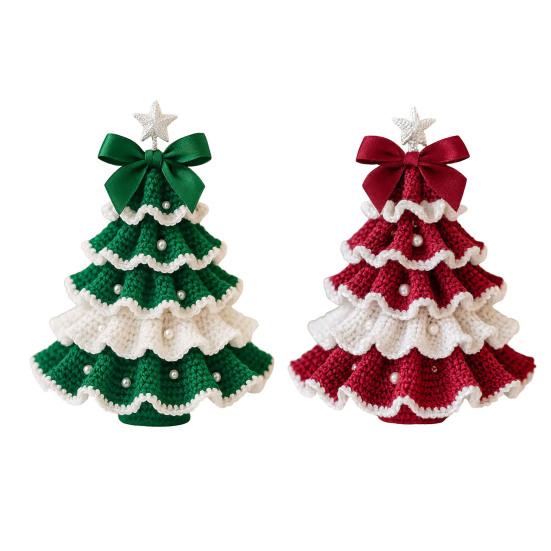 Handmade Crochet Christmas Tree DIY Xmas Tree Crochet Craft Starter Set with Bow And Faux Pearl for Beginners Knitting Holiday Decoration