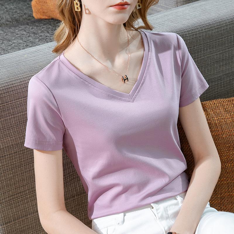 Футболка из хлопка с короткими рукавами, женская новая женская одежда, темпераментная футболка с V-образным вырезом из чистого хлопка, однотонный топ высокого класса