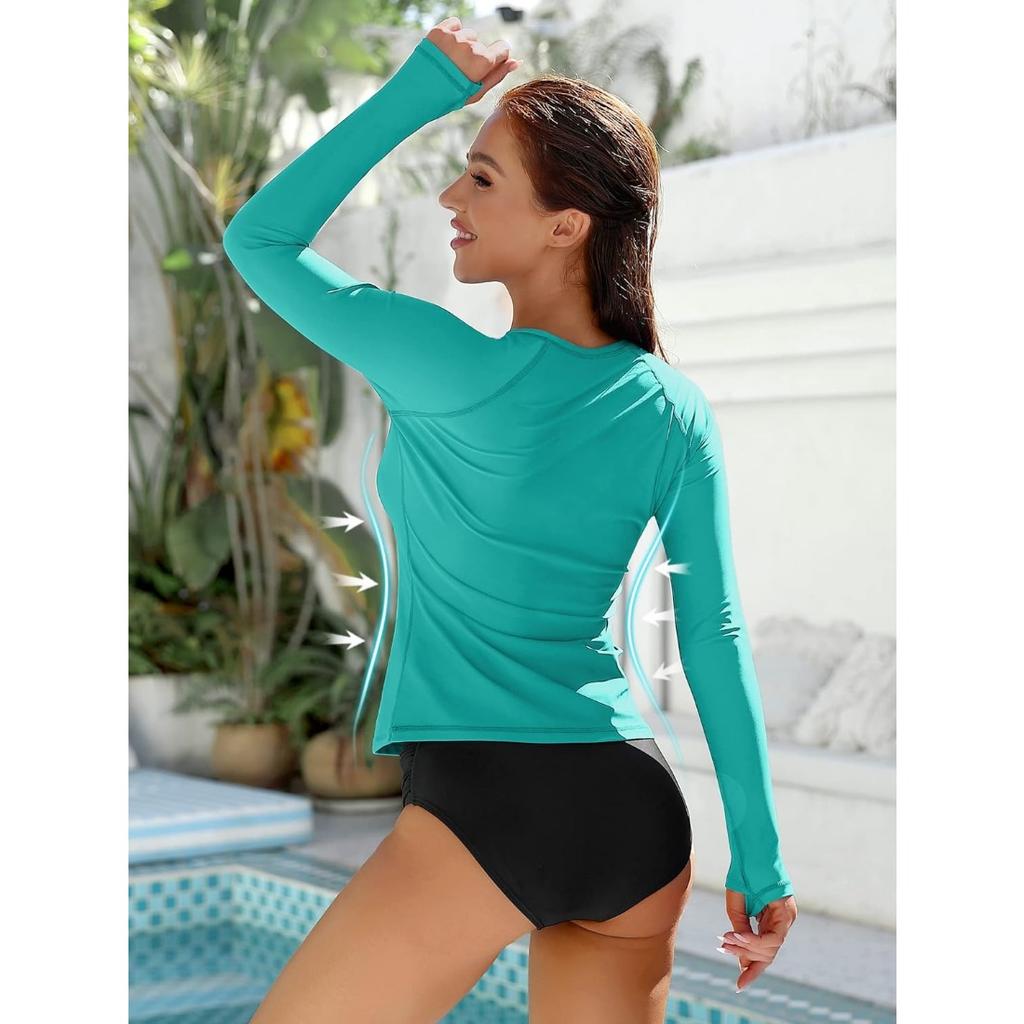 CHARMLEAKS Женская рубашка для плавания с защитой от опрокидывания, с длинным рукавом, защита от солнца, отверстие для большого пальца, UPF 50, V-образный вырез