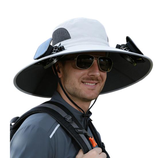 Fisherman Hat, Outdoor Sun Hat with Dual Power Solar USB Rechargeable Fan, Wide Brim Sun Protection Hat for Fishing Camping Hiking Gardening