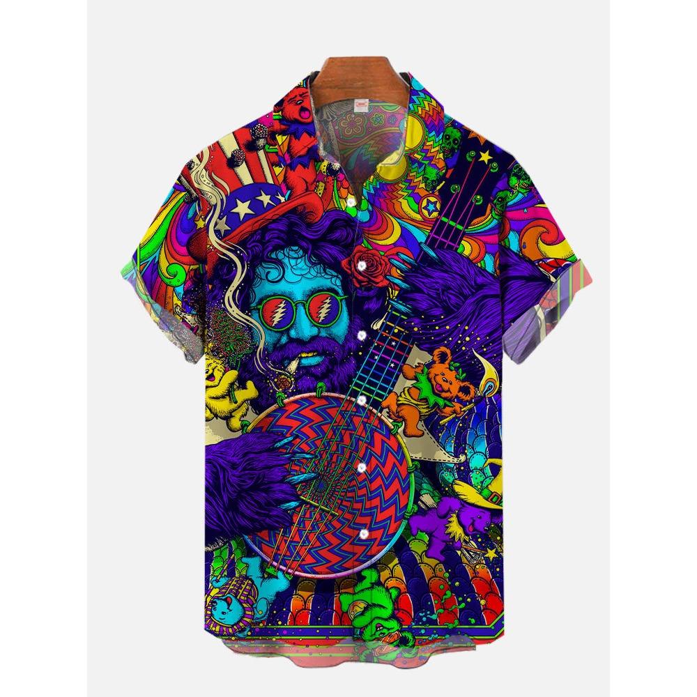 Eye-Catching Fire Electric Guitar Music Elements And Street Scenes3D Printing Short Sleeve Shirts For Men Fashion Hawaiian Shirt