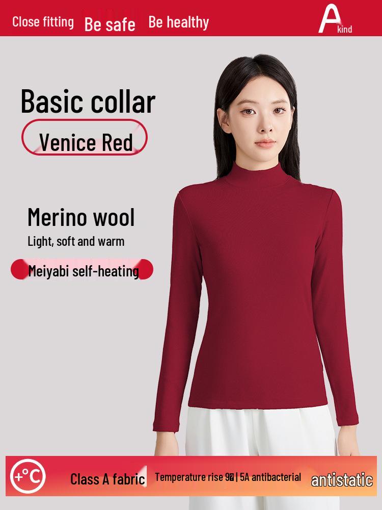 Autumn/Winter Wool Long-Sleeve Velvet Cotton Mid-Neck Women's Fashion Top