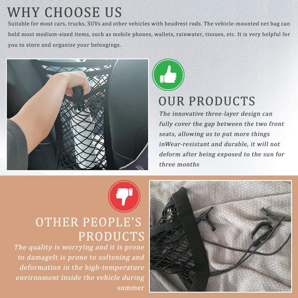 3-Layer Car Mesh Organizer, Car Organizers and Storage, Kid Dog Pet Net Barrier Between Front Seats, Elastic Tissue Purse Holder Driver Storage
