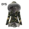 Women Winter Down Coat Faux Fur Fleece-lined Zip-up Press Button Closure Windproof Mid Length Jacket Camouflage Print Slim Fit Outerwear